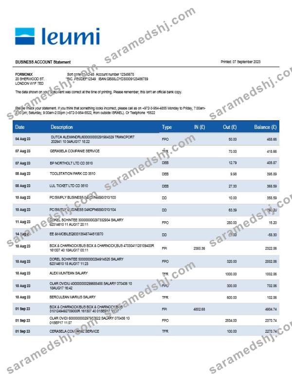 Bank Leumi business statement Word and PDF template